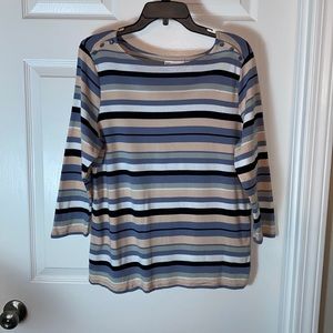 Rafaella Women Stripped aTop 3/4 sleeve scoop neck embellished buttons shoulder